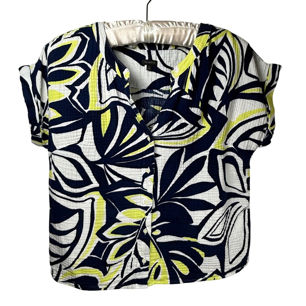 Talbots Women's L Cotton Gauze Button Front Blouse Navy Lime Green Leaf Print